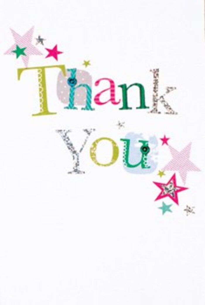 The composition of this thank you card is quietly exuberant, much like the subtle charm found among Cowley's leafy lanes. Each letter of the message stands proudly with its own character: some dance with whimsical polka dots or playful curves, others glisten with silvery shine that catches the natural Cowley daylight. Around the phrase, radiant stars cluster-pink stripes, turquoise accents, and cool hints of silver-adding a festive but refined finish, as if blessing the gesture with their presence. The immaculate white background infuses the design with a modern lightness and allows every detail to be fully appreciated. There's a gentle sophistication to this card-it avoids formality yet feels polished and heartfelt, making its gratitude universally accessible. It would nestle seamlessly beside a Cowley Florist bouquet delivered for any occasion, be it a thank you for local kindness shared on Cowley Road or appreciation for friendship cultivated near Violet Avenue. The effect is uplifting-like receiving a card and flowers that radiate joy, warmth, and sincerity, leaving a memorable imprint.