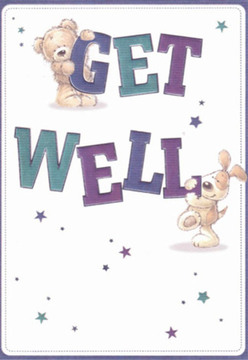 This get well card, inspired by the welcoming spirit of Cowley, tells a touching story through whimsical artistry. A cuddlier-than-life teddy bear perches contentedly atop the bold, heartfelt word 'GET,' while a lively pup with oversized, floppy ears rests sweetly below, nose nuzzled into the word 'WELL.' Their rounded forms and expressive faces communicate a profound message of hope and encouragement, much like the thoughtful flower arrangements prepared along Cowley's bustling streets. Deep purples and soothing teals paint the energetic lettering, while glimmering stars-each a beacon of support and well-wishing-cascade across the pristine background. The soft lighting in the illustration adds a sense of clarity and calm, reminiscent of quiet moments spent walking by Lake Farm Country Park. Every brushstroke feels intentional, echoing the way a Cowley florist might lovingly select each bloom for a get well bouquet destined to brighten a loved one's bedside. This card's gentle scene is a reminder that even a small gesture, made with heart and artistry, can spark hope and light within the Cowley community.